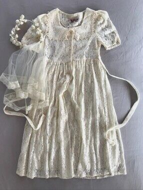 VTG Jazz Kids Ivory Lace Girls Dress w/ Veil & Flower Crown